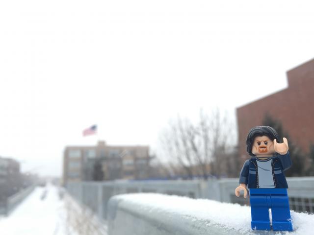 Lego Uncle Jim on the trail in the snow